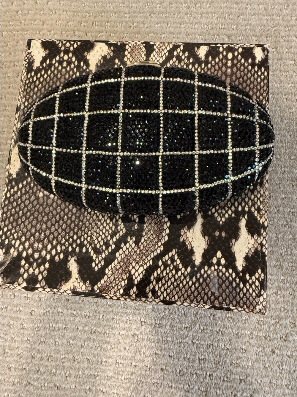 Vintage Judith Leiber Black Beaded Oval Clutch with Grid Rhinestone Detail